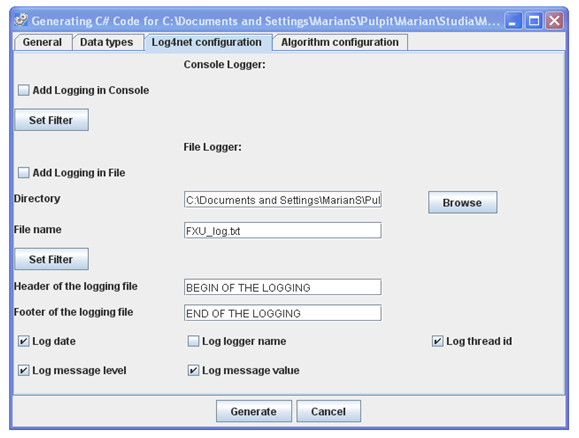 FXU Generator - log4net properties